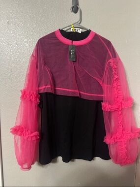KEIKO Black Pullover Sweatshirt with Hot Pink Sheer Tulle Sleeves